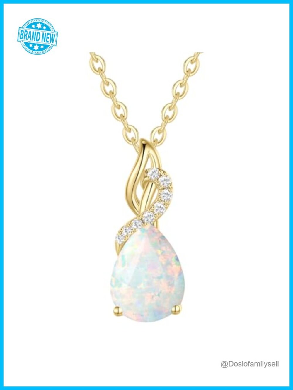 14K Solid Yellow Gold Opal Birthstone Diamond Pendant Necklace 16+2"